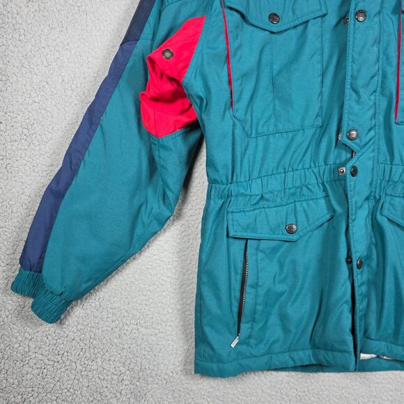 Vintage Hard Corps Ski Jacket Mens Medium Blue Green 90s Color Block Hooded - Picture 7 of 11